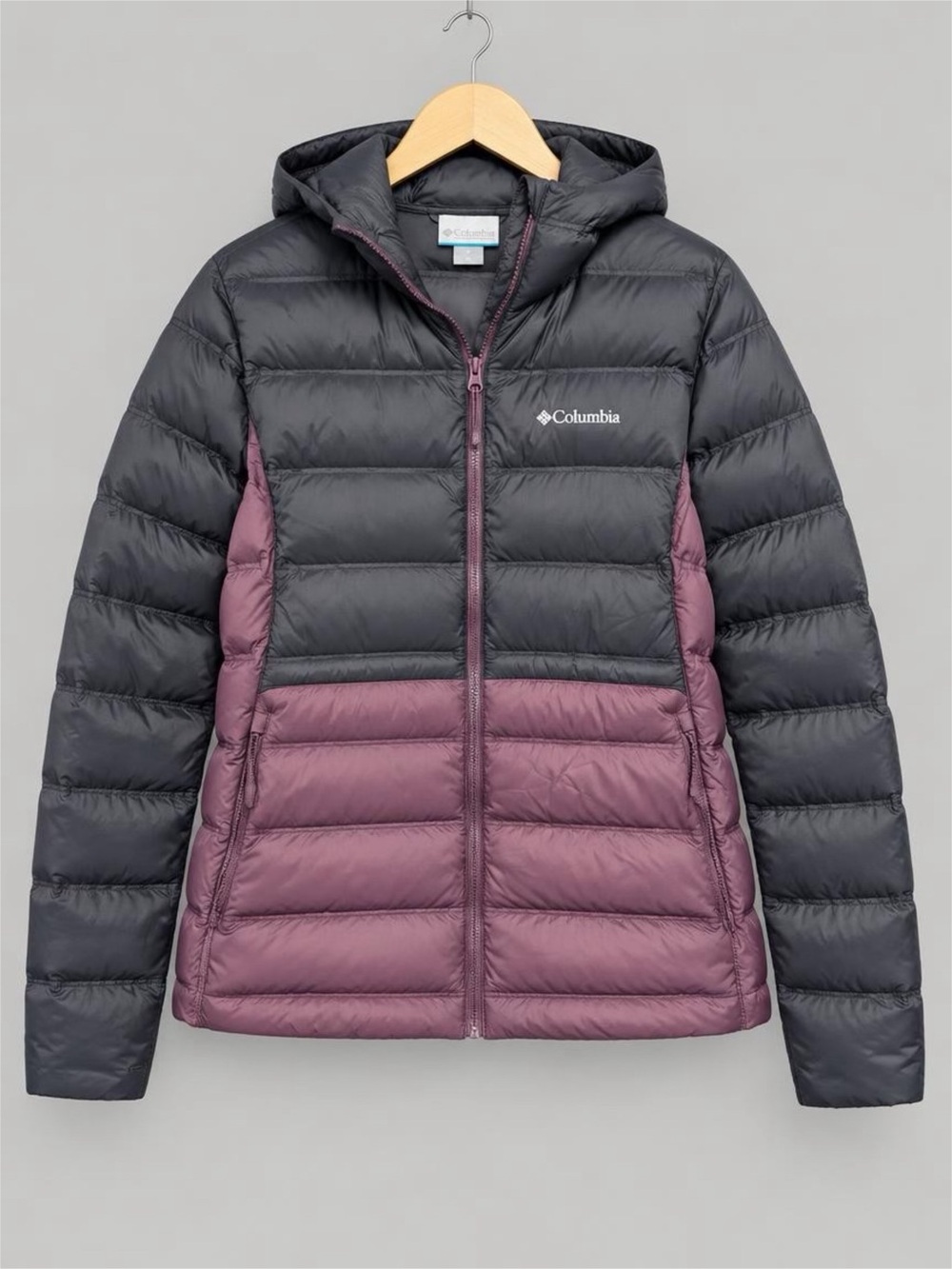 Columbia Two-Tone Hooded Puffer Jacket in Black and Plum